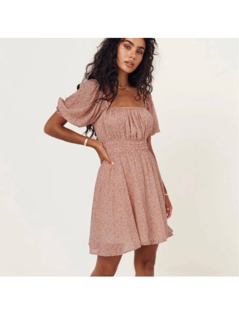 Spell & The Gypsy Rae Mini Dress Dusty Pink Floral Puff Sleeve S